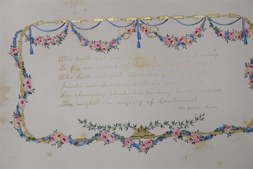 A Victorian leather bound album of mezzotint portraits with fine watercolour embellishments, 44 x 38cm